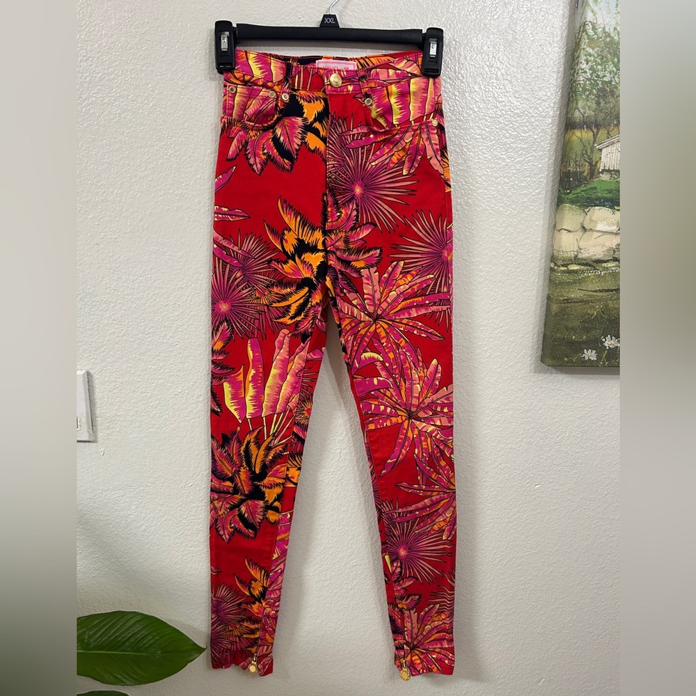 Versace for H&M Limited Edition Rare Red Pink Palm Trees Zip Ankle Skinny Pant 2